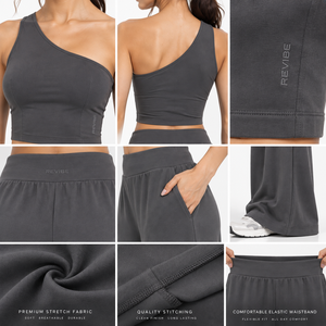 Women One Shoulder Crop Top <b>Wide</b> <b>Leg</b> <b>Pants</b> Two Piece Activewear <b>Lounge</b> Set High Waist OEM Private Label Wholesale - Product Image 6