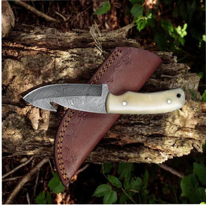 Hoja de Damasco personalizable, cuchillo de caza y acampada, mango de madera hecho a mano, soporte de grado OEM DIY con Funda de cuero de hueso - Product Image 4