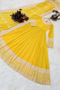 Vestido de trabajo de diamantes con bordado de seda étnica con mangas completas y ropa de fiesta india y pakistaní atractiva Dupatta - Product Image 5
