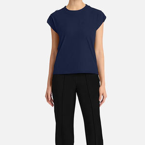 เสื้อสแปนเด็กซ์แขนสั้นสำหรับสตรีผ้าสแปนเด็กซ์แขนสั้นมีกระเป๋าหน้าอกเสื้อคอลูกเรือสีกรมท่า - Product Image 2