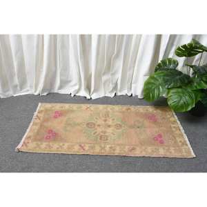 Vintage 1.5 X 3.1ft Beige Vert Laine Tapis À La Main Turc Grande Zone Abstrait Rectangle Couloir Patchwork Conception Latex pour Les Chambres - Product Image 2