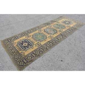 Classic <b>Boho</b> Yellow Blue Wool <b>Rug</b> 4.4 X 11.1ft Turkish Style Patchwork Rectangle for Living Room Entryway Teen's Hallway Latex - Product Image 3