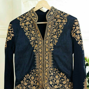 Embellish of Crystal Beads, Pearls, Glass Stone Decorative Jacket on Velvet/Raw Silk Fabric for Party-Wear - Product Image 1