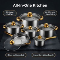 Ensemble de 12 ustensiles de cuisine en acier inoxydable, antiadhésifs multicouches avec couvercles en verre, compatibles induction et gaz
