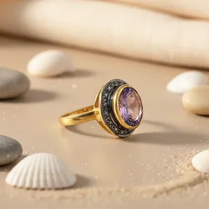 Anillo de cóctel vintage chapado en oro de 18 quilates con amatista, engaste de bisel, piedra natural redonda, anillo de compromiso de moda para mujer - Product Image 1