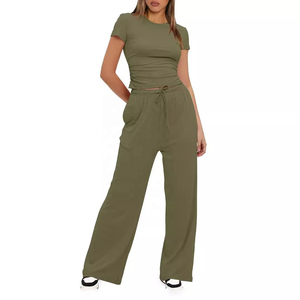 Conjuntos de ropa de salón de 2 piezas de verano para mujer, conjuntos de ropa de salón de 2 piezas informales de manga corta de Color sólido al por mayor personalizados - Product Image 4