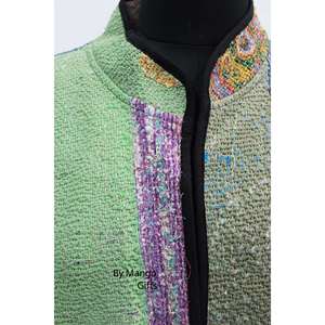เสื้อแจ็คเก็ตผ้าฝ้ายส่าหรีแบบวินเทจสำหรับผู้หญิง  แบบสองด้านใส่ได้  ทรงบอมเบอร์  คอปกเบสบอล  ตกแต่งขนนก  แบบสั้น  สำหรับฤดูหนาว - Product Image 2