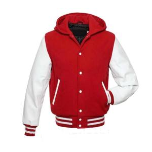 Customized <b>red</b> color white <b>leather</b> sleeve with hood varsity <b>jacket</b> winter popular letterman collage <b>jacket</b> - Product Image 1