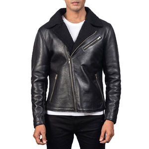 Veste de motard pour homme en cuir véritable, doublure en peau de mouton teinte unie, col montant, fermeture éclair, vêtement d'extérieur décontracté pour l'hiver - Product Image 3