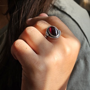 Garnet Oval Silver <b>Ring</b> Big Garnet Oval Gemstone Silver <b>Ring</b> <b>Thin</b> Band with Big Gemstone Silver <b>Ring</b> - Product Image 2