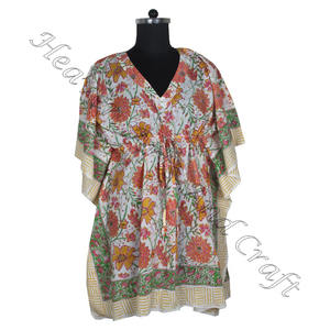 100% algodón Mujer ropa de dormir bloque de mano estampado Kaftan vestido KFCS106 peso ligero mujeres Casual ocasión desgaste corto caftán vestido - Product Image 1