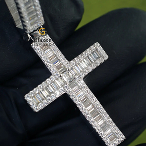 Shiny Round Brilliant and Baguette Cut Vvs Clarity Moissanite Diamond Iced Out Hip Hop 925 Sterling <b>Silver</b> <b>Cross</b> <b>Pendant</b> - Product Image 1