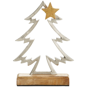 Sculpture de Noël artisanale en métal de style élégant, finition argentée, sur base en bois de manguier, décoration de table en aluminium - Product Image 1