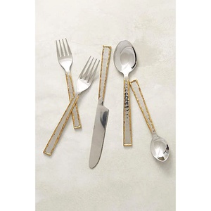 Stainless Steel Silver Polished Hammered Flatware Set with <b>Gold</b> Handmade Handle Western Style and Different Design Flatware - Product Image 1