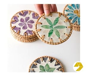 Handcrafted dining decor <b>set</b> designed around Rattan plate conch <b>placemat</b> pearl <b>coasters</b> Rattan plate - Product Image 5