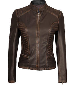 Chaqueta de cuero genuino para mujer de alta calidad para invierno, bolsillo con cremallera lateral, Color marrón, chaquetas de cuero de vaca para mujer - Product Image 1