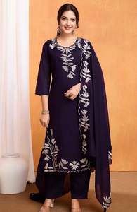 Conjunto de Traje de Mujer Bordado en Seda Vichitra para Compra al por Mayor, Ropa Étnica de Lujo para Eventos, Morado, Azul, Rosa, Boutique al por Mayor - Product Image 5