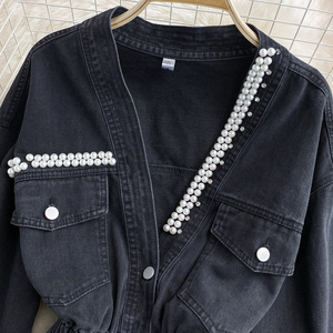 Chaqueta vaquera con cuentas y cuello en V holgada informal para mujer 2025 con Top vaquero corto estampado lavado y teñido liso para verano - Product Image 4