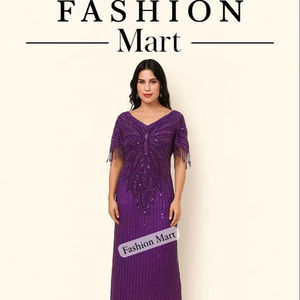 Elegant Hand <b>Beaded</b> Purple Evening Gown With Fringe Sleeves And Back Cutout For Women - Product Image 4