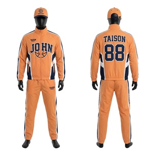 ชุดวอร์มบาสเก็ตบอลชาย ผ้าถักโพลีเอสเตอร์คุณภาพสูง 230 GSM สีส้ม แต่งแถบสีกรมท่า ปักลายปักแบบกำหนดเอง - Product Image 1