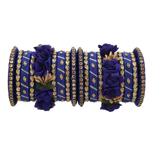 Indian Bollywood Fashionable Gold Plated Beaded Blue Silk Thread Wedding Bridal (12 Pcs) Bracelet Bangle Set