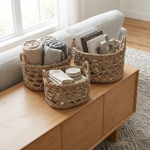 Ensemble de paniers de rangement en jonc de mer tressé à la main, avec panier ovale à treillis ouvert et poignée arche haute, pour décoration et design d'intérieur artistique - Product Image 4