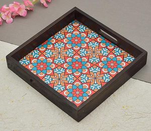 Bandeja de servicio impresa de madera hecha a mano con asas, bandeja de servicio impresa de madera rectangular para té y café al precio más barato - Product Image 3