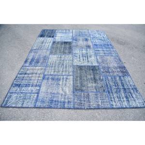 Tapis en laine bleu moderne 6.4x8.5 pieds fait à la main en peluche Pile hauteur rectangulaire Patchwork motif abstrait pour salon chambre Latex - Product Image 1