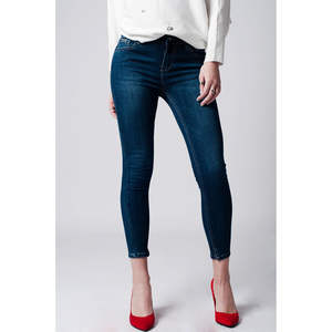 Jean skinny taille basse en denim bleu foncé pour femme, coupe bootcut évasée à motif floral avec boutons décoratifs, respirant et taille XL - Product Image 1