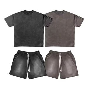 Ensemble T-shirt et short en coton 100% respirant pour homme, style décontracté d'été, avec logo personnalisé, deux pièces, en tissu éponge délavé à l'acide - Product Image 5
