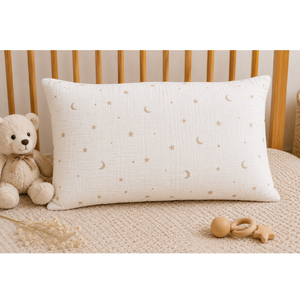 Taie d'oreiller en mousseline étoile et lune, housse de coussin douce pour berceau de bébé, literie de crèche, taie d'oreiller douce en mousseline 100% coton pour bébé de Denizli - Product Image 1