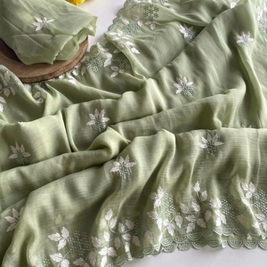 NOUVEAU Saree en georgette scintillante avec un beau design de feuille de fil blanc - Product Image 1