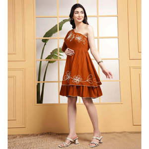 DEEBACO Women's Rayon Knee Length One Shoulder Asymmetric Tiered Embroidered Stylish One Piece <b>Dress</b> - Product Image 3