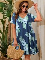 Vestido Largo Holgado Personalizado para Mujer, Talla Grande, de Felpa Sólida, Spandex/Poliéster, 220g, con Bolsillos, Cuello en V, Manga Corta, Casual