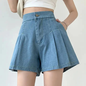 Shorts en jean taille haute pour femme, coupe ample, plissés, bleu, décontractés d'été, en tissu tissé respirant, style simple - Product Image 1