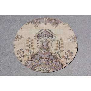 Tapis turc antique Vintage Beige Violet 4.3 X 4.4ft Grande surface Rectangle Classique Patchwork Design Laine Matériel Latex 4m - Product Image 1