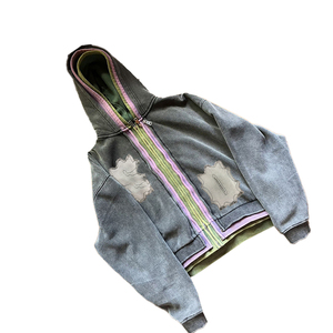 <b>Men's</b> Heavyweight Acid <b>Wash</b> Hoodie Custom Street Style Triple Zip Layer 100% Cotton Digital Printing Solid High Quality Winter - Product Image 3