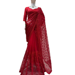 ผ้าซารีผู้หญิงงานปักด้ายลายตาข่ายขนเฟอร์เทียมนุ่มแบบดีไซน์ล่าสุดสำหรับงานปาร์ตี้และเทศกาล โดย FabZone - Product Image 1