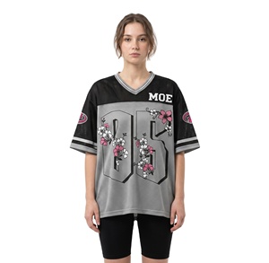 Maillot de football américain tendance pour femme, motif floral, gris, maille, panneau noir, style hip-hop streetwear, broderie florale, unisexe - Product Image 1