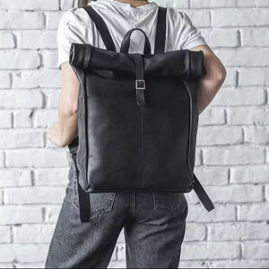 Unisex Roll Top <b>Backpack</b> Durable Fashionable School Travel Work Leather Notebook Computer LRTB-0002E - Product Image 1