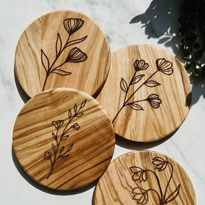 Floral Engraved Wood Coaster Set Natural Timber Round Drink <b>Mat</b> Table Protection Sustainable Barware Eco Gift Home Kitchen Goods - Product Image 1