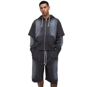ชุดฮู้ดดี้ซิปและกางเกงขาสั้นคุณภาพสูง น้ำหนักมาก สไตล์ซันเฟด สำหรับผู้ชาย พร้อมบริการปักโลโก้ตามแบบที่ต้องการ สำหรับอุตสาหกรรมการคลังภาษี - Product Image 1