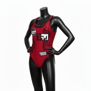 Traje de Baño Premium de 240 GSM, Poliéster y Spandex, Color Rojo, con Panel de Malla, Apliques y Logotipo Personalizado para Mujer - Product Image 3