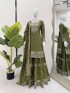 Deseable Fancy Faux Georgette bordado Top y pantalón de trabajo con Dupatta tradicional Salwar Kameez para fiestas - Product Image 2