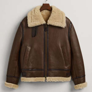 Veste bomber en cuir véritable et fourrure respirante pour homme, veste en cuir de mouton B3, veste de pilote décontractée avec fermeture éclair - Product Image 1