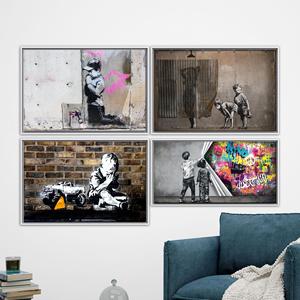 Impression sur toile d'art urbain, œuvre d'art graffiti moderne de Banksy pour la décoration de la maison, ensemble de 4 cadres blancs - Product Image 1