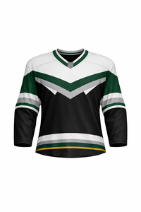 Jersey de Hockey sobre Hielo para Hombre, Negro, Naranja y Azul a Rayas, Manga Tres Cuartos, Cuello en V, Absorbe la Humedad, Sublimado - Product Image 1