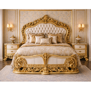 Ensemble de lit en bois sculpté à la main sur le thème turc avec tables de chevet, ensemble de lit king size de luxe, meubles de chambre à coucher exclusifs sculptés en feuille d'or - Product Image 2