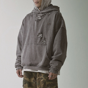 Sudadera de Alta Calidad con Bolsillo Canguro, Hombros Caídos, Manga Larga, Estilo Cuadrado, Vintage, Holgada, Desgastada, con Capucha para Hombre - Product Image 1