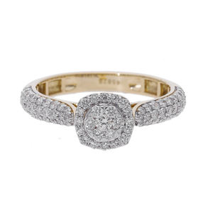 Anillo de Diamante Natural de Oro Amarillo de 14K con Banda de Triple Fila y Centro de Halo de Cojín Redondo - Product Image 1